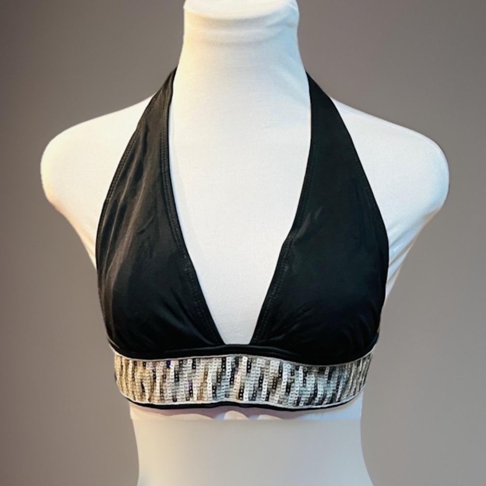 Black and silverish sequence halter top style bathing suit top size medium JLo